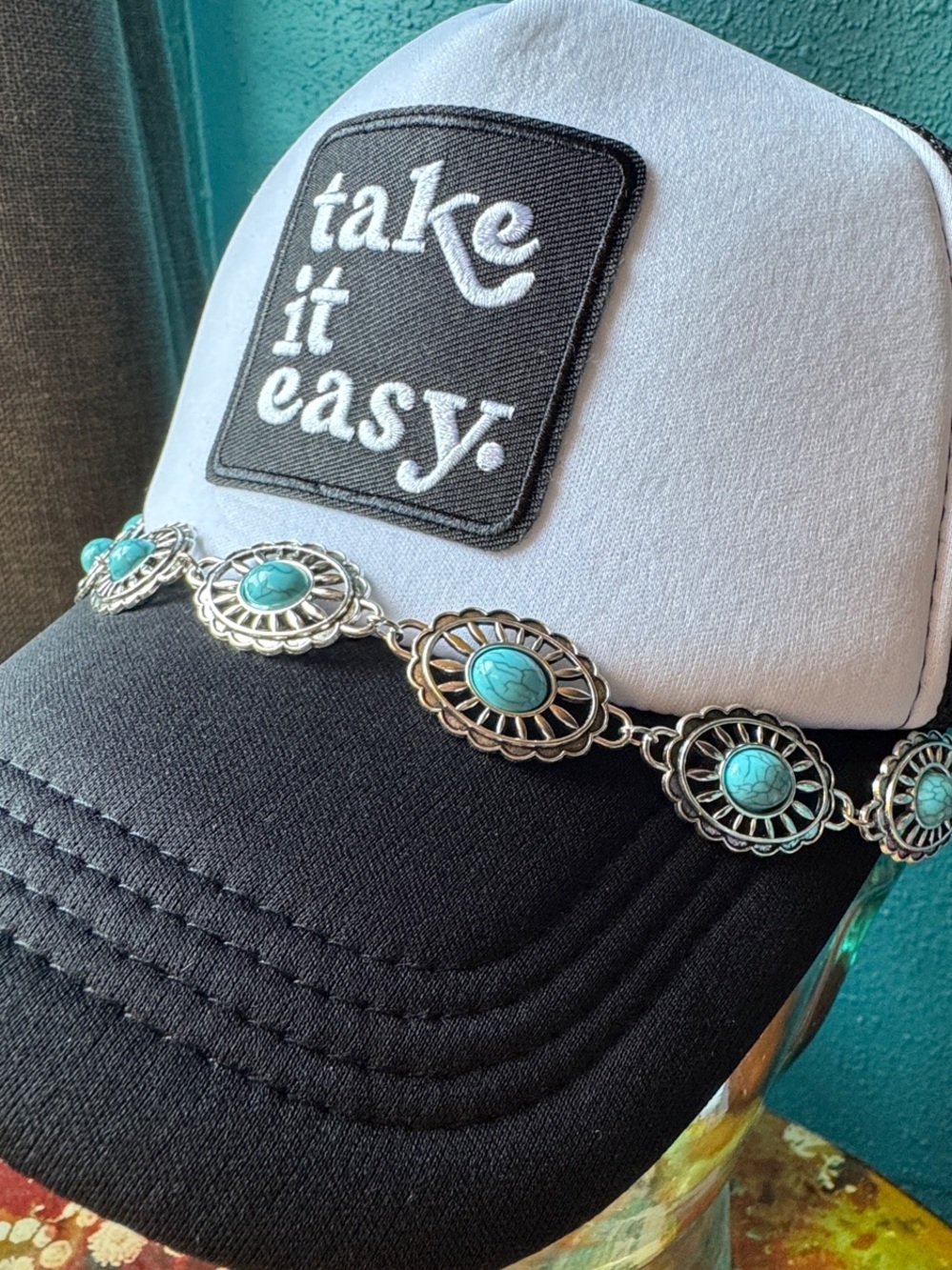 Take It Easy Trucker Hat with Turquoise Concho Chain